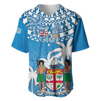 Blue Fiji baseball jersey with tapa pattern and Fiji emblem at center