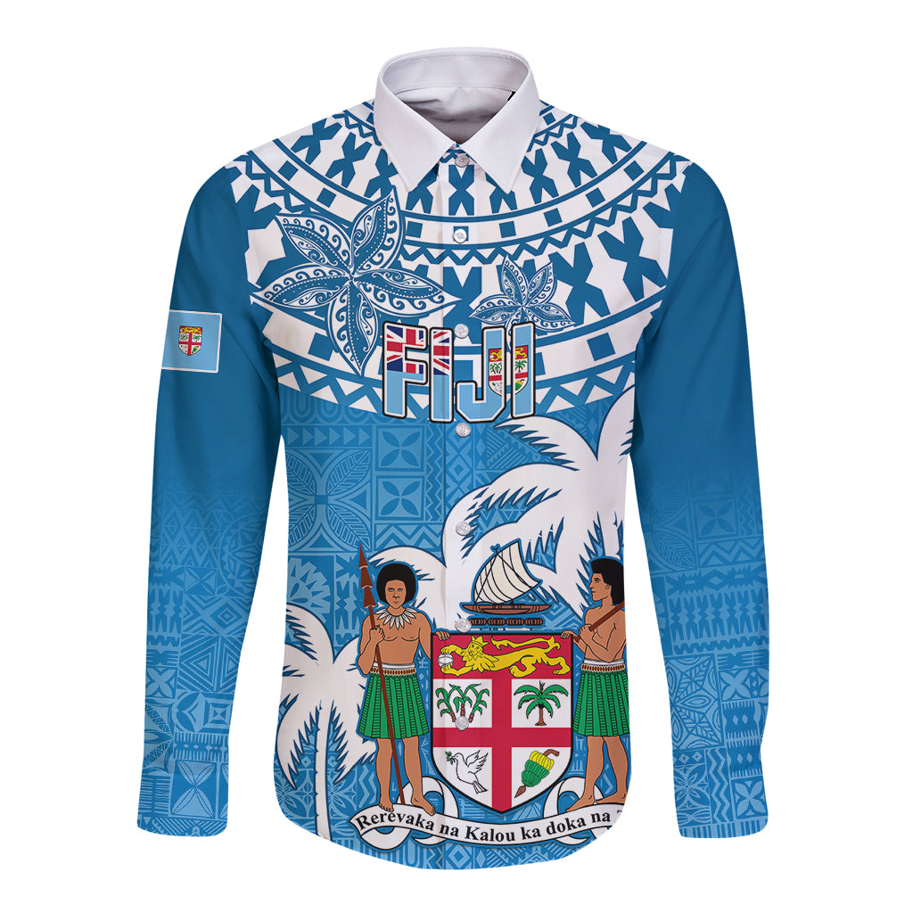 Blue long-sleeve button shirt with white collar, Fijian tapa pattern and crest graphic