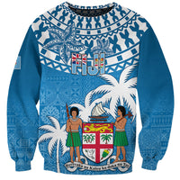 Blue unisex sweatshirt with Fijian tapa pattern and large Fiji island graphic