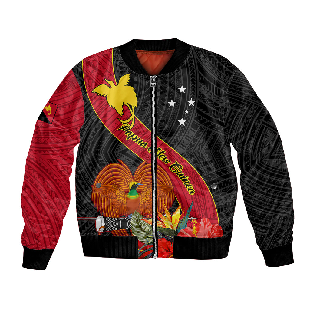 Unisex black bomber jacket with red sleeves, bird of paradise tropical graphic