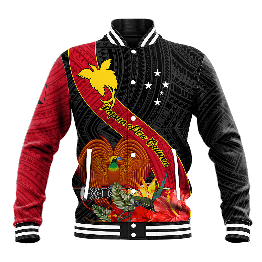 Black baseball jacket with red bird-of-paradise and tropical flower front graphic
