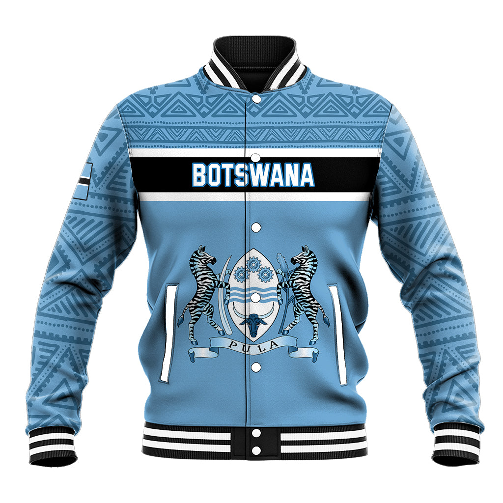 Blue unisex baseball jacket with Botswana text, tribal pattern, striped rib collar