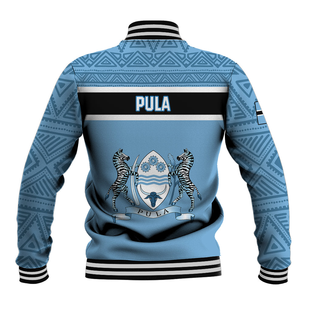 Blue unisex baseball jacket back with PULA band, emblem graphic, striped rib cuffs