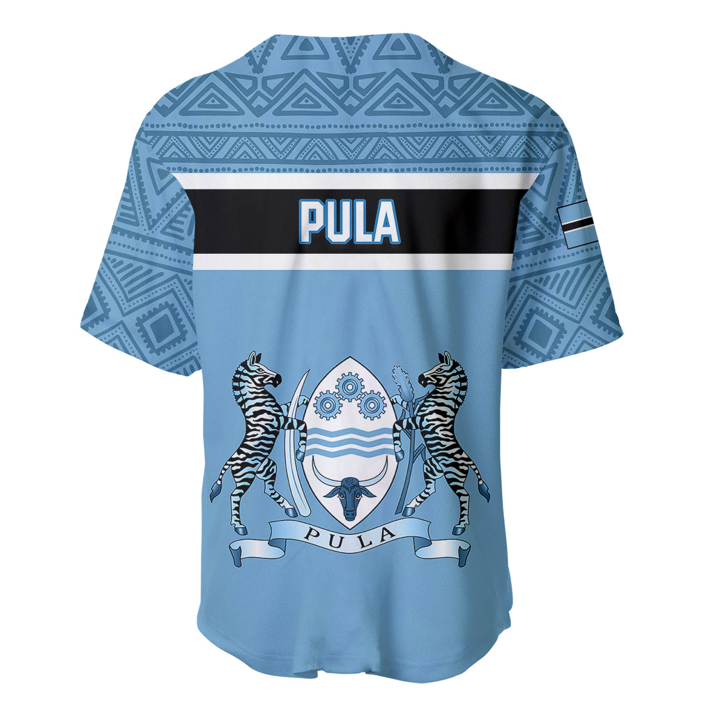 Light blue baseball jersey with button front, geometric yoke, PULA crest on back