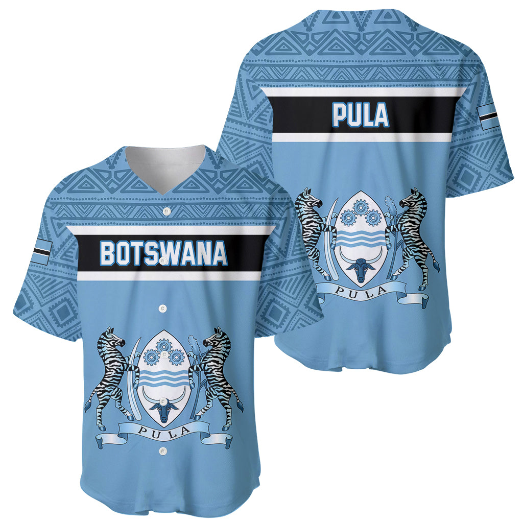 Light blue baseball jerseys, front and back views, BOTSWANA and PULA crest graphics