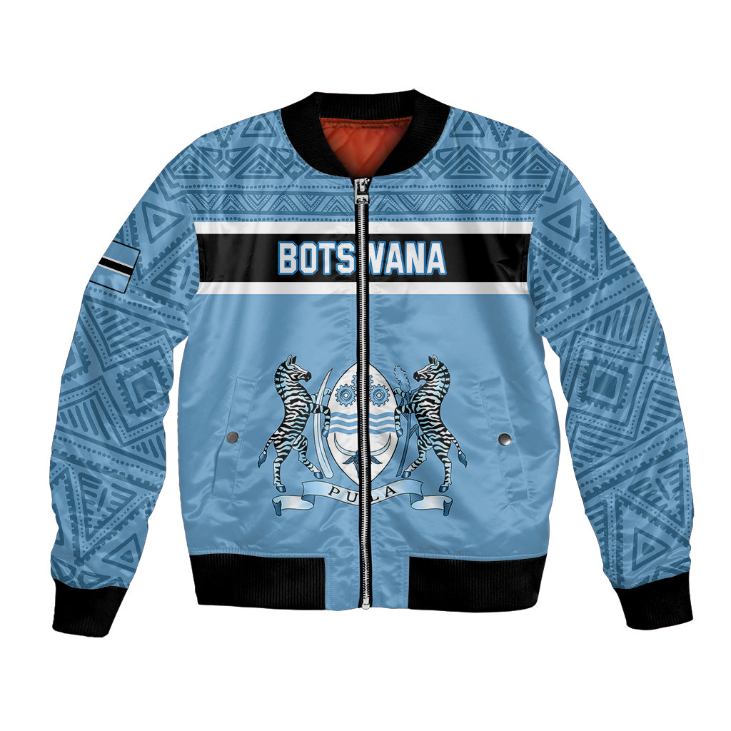 Blue unisex bomber jacket with full zip, ribbed cuffs, and African patterned panels.