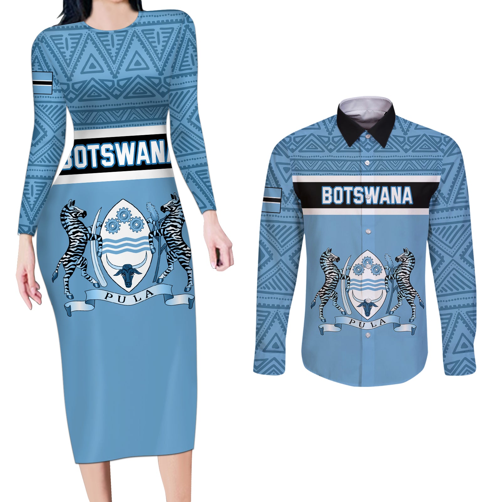 Botswana Couples Matching Long Sleeve Bodycon Dress and Long Sleeve Button Shirts Tswana Pula African Pattern - Wonder Print Shop