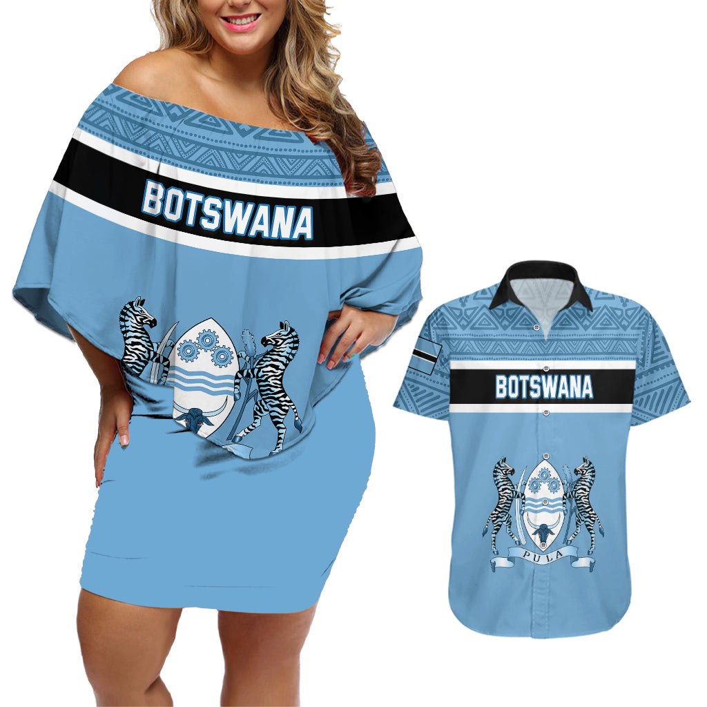 Botswana Couples Matching Off Shoulder Short Dress and Hawaiian Shirt Tswana Pula African Pattern - Wonder Print Shop