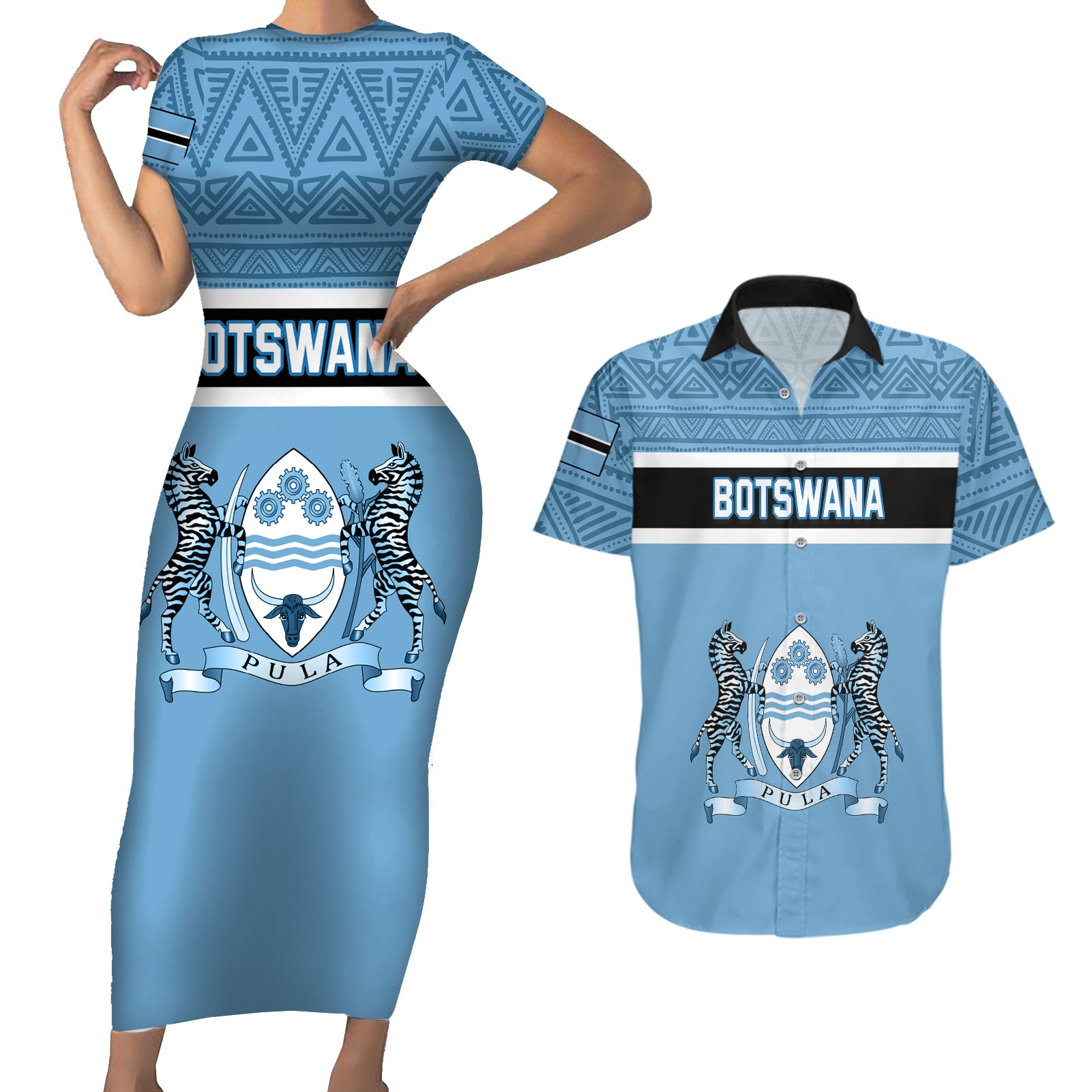 Botswana Couples Matching Short Sleeve Bodycon Dress and Hawaiian Shirt Tswana Pula African Pattern - Wonder Print Shop