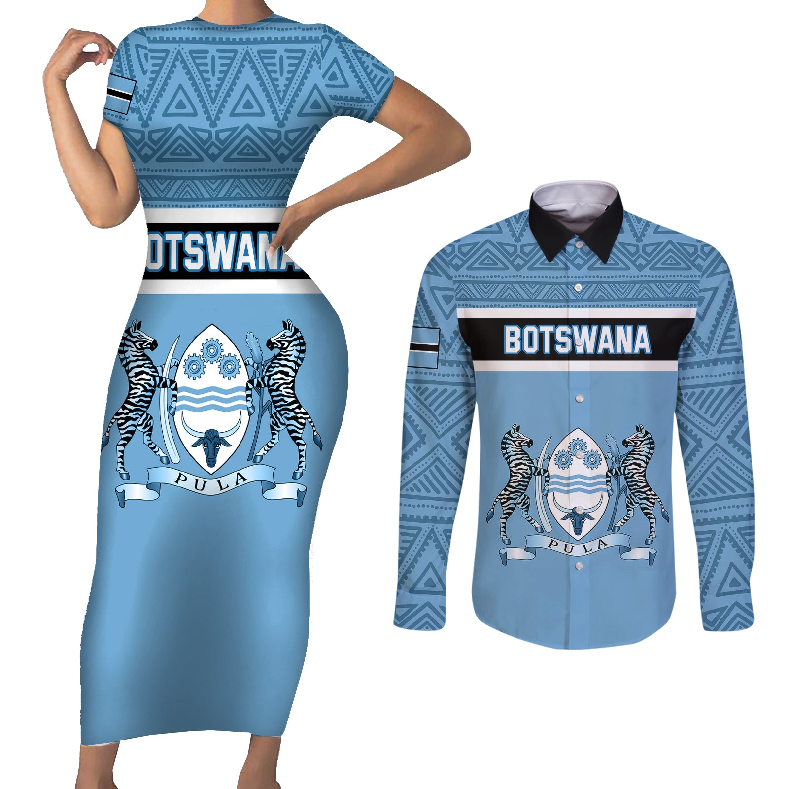 Botswana Couples Matching Short Sleeve Bodycon Dress and Long Sleeve Button Shirts Tswana Pula African Pattern - Wonder Print Shop