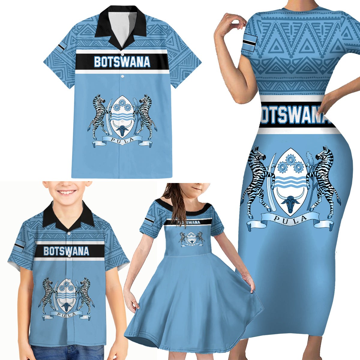 Botswana Family Matching Short Sleeve Bodycon Dress and Hawaiian Shirt Tswana Pula African Pattern - Wonder Print Shop