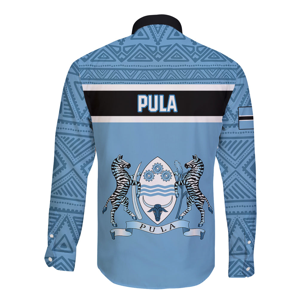 Blue long-sleeve button shirt with patterned yoke and zebra emblem on back
