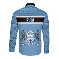 Blue long-sleeve button shirt with patterned yoke and zebra emblem on back