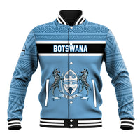 Blue Botswana crest baseball jacket with front zip, striped ribbed collar and cuffs