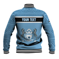 Blue personalized text baseball jacket with back graphic, striped ribbed collar and cuffs