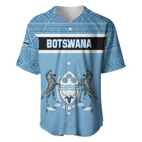 Blue Botswana baseball jersey with Aztec-style trim, button front, zebra crest graphic