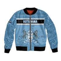 Blue bomber jacket with full zip, black stripe, and central African emblem on front.