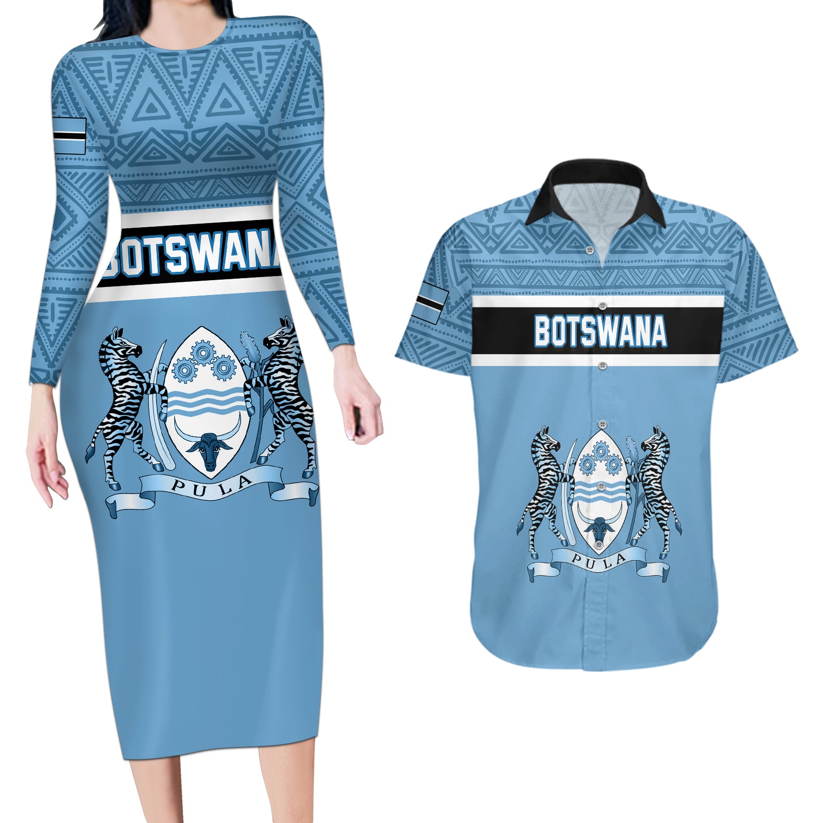 Personalised Botswana Couples Matching Long Sleeve Bodycon Dress and Hawaiian Shirt Tswana Pula African Pattern - Wonder Print Shop