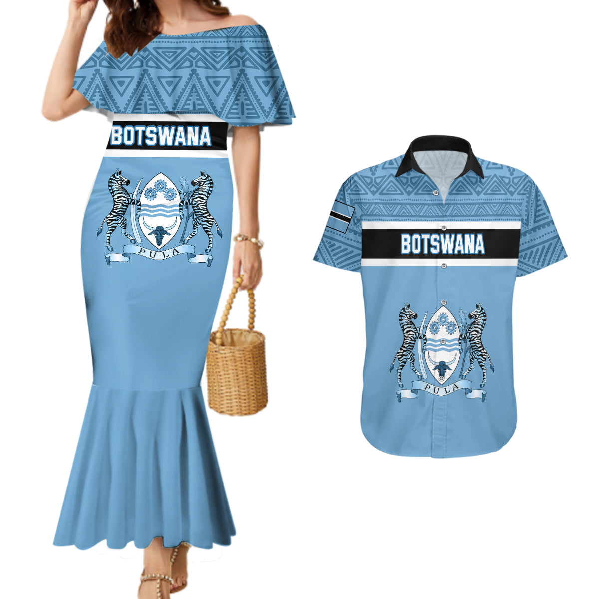 Personalised Botswana Couples Matching Mermaid Dress and Hawaiian Shirt Tswana Pula African Pattern - Wonder Print Shop