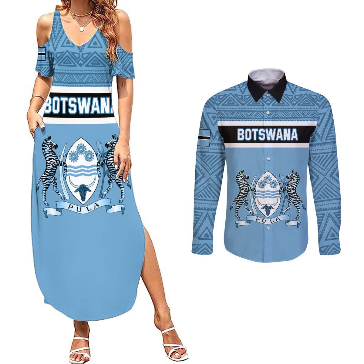 Personalised Botswana Couples Matching Summer Maxi Dress and Long Sleeve Button Shirts Tswana Pula African Pattern - Wonder Print Shop