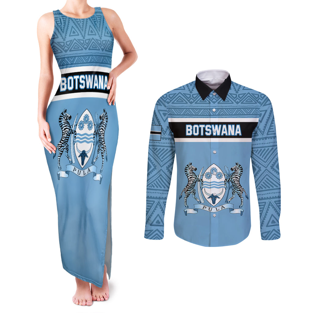 Personalised Botswana Couples Matching Tank Maxi Dress and Long Sleeve Button Shirts Tswana Pula African Pattern - Wonder Print Shop