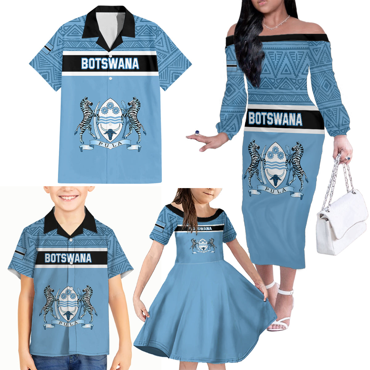 Personalised Botswana Family Matching Off Shoulder Long Sleeve Dress and Hawaiian Shirt Tswana Pula African Pattern - Wonder Print Shop