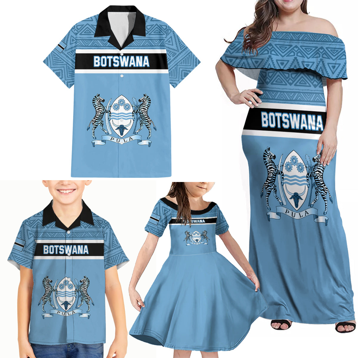 Personalised Botswana Family Matching Off Shoulder Maxi Dress and Hawaiian Shirt Tswana Pula African Pattern - Wonder Print Shop