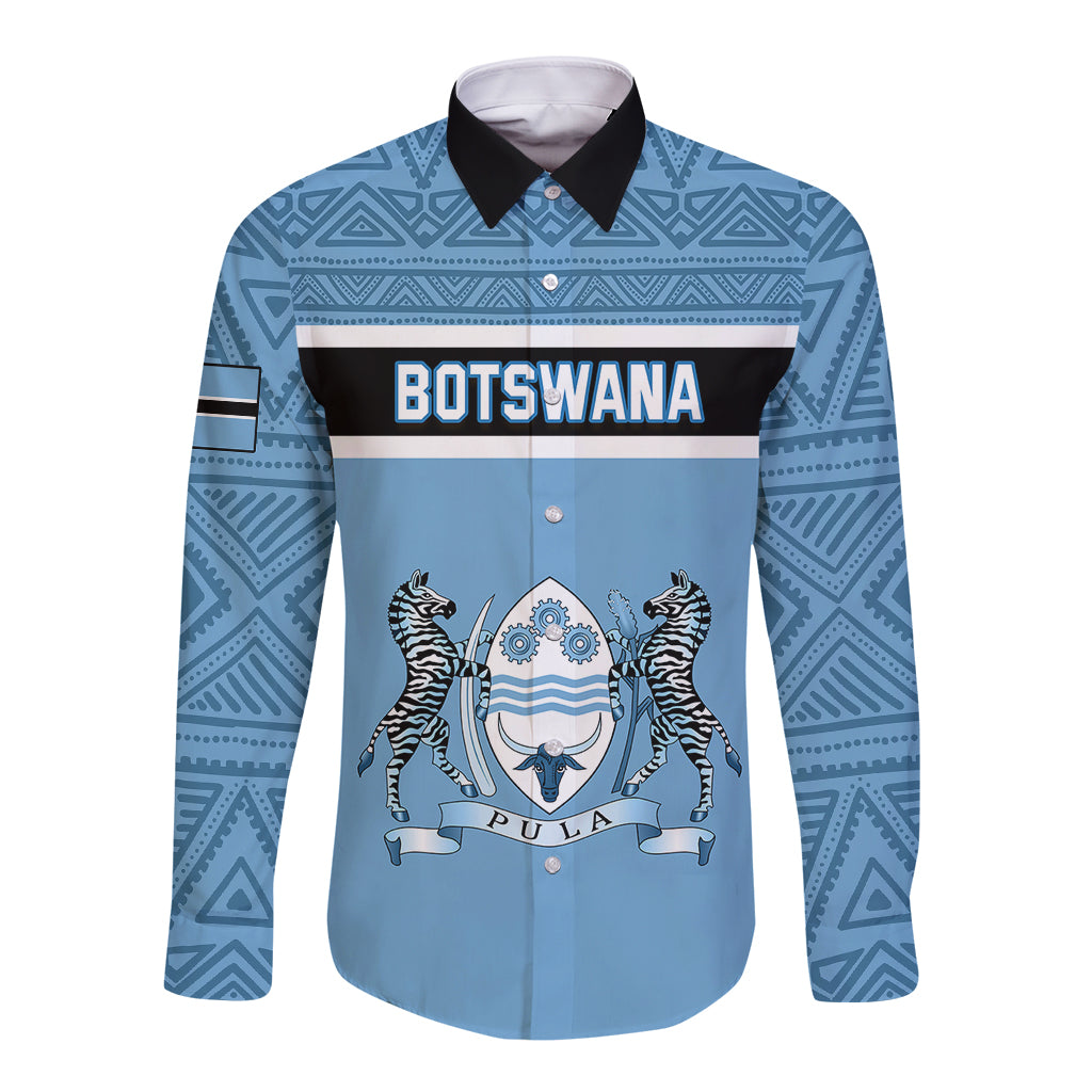 Blue long-sleeve button shirt with dark collar and Botswana Pula graphic panel.