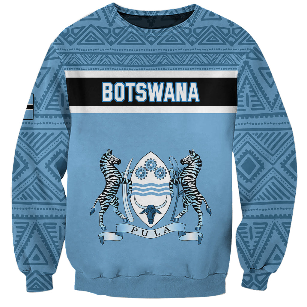 Blue crewneck sweatshirt with tribal pattern and Botswana emblem print on front