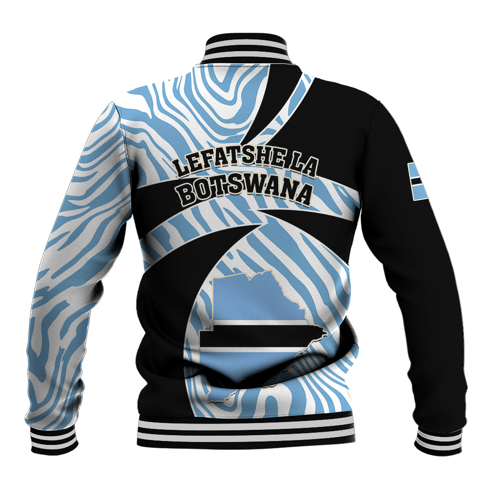 Unisex baseball jacket with zebra blue sleeves, black back with text and striped graphic