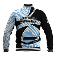 Unisex baseball jacket with zebra blue sleeves, black back with text and striped graphic