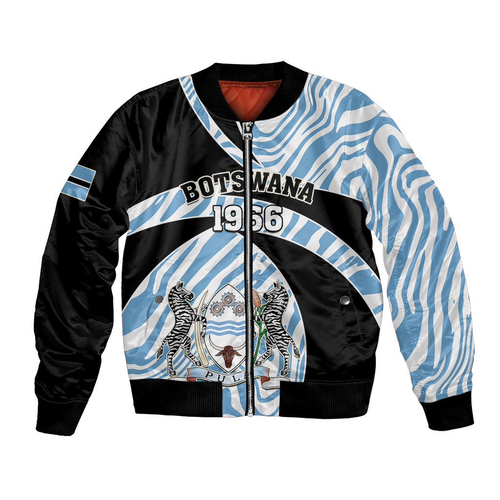 Unisex blue-and-black bomber jacket with zebra pattern, front zipper and Botswana graphic