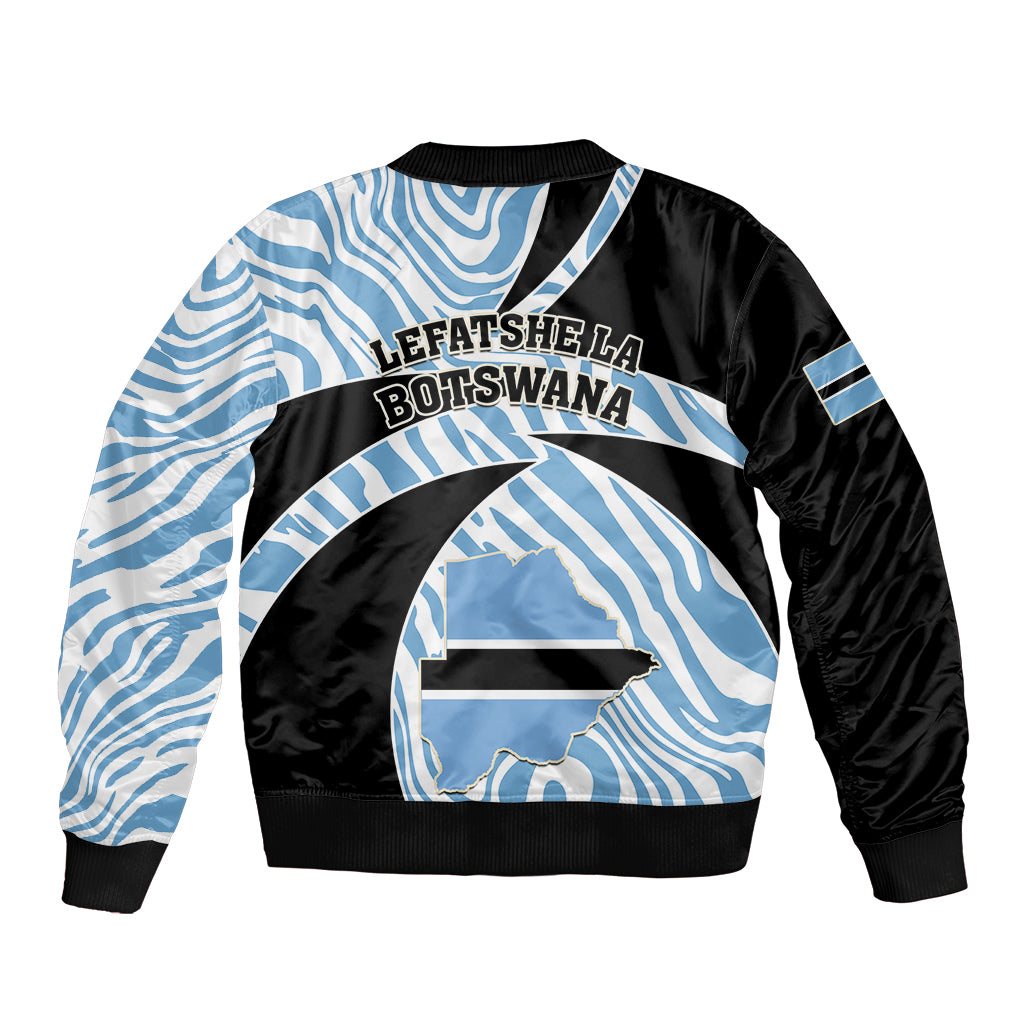 Unisex blue-and-black bomber jacket with zebra pattern, crew collar and Botswana back graphic