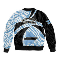 Unisex blue-and-black bomber jacket with zebra pattern, crew collar and Botswana back graphic