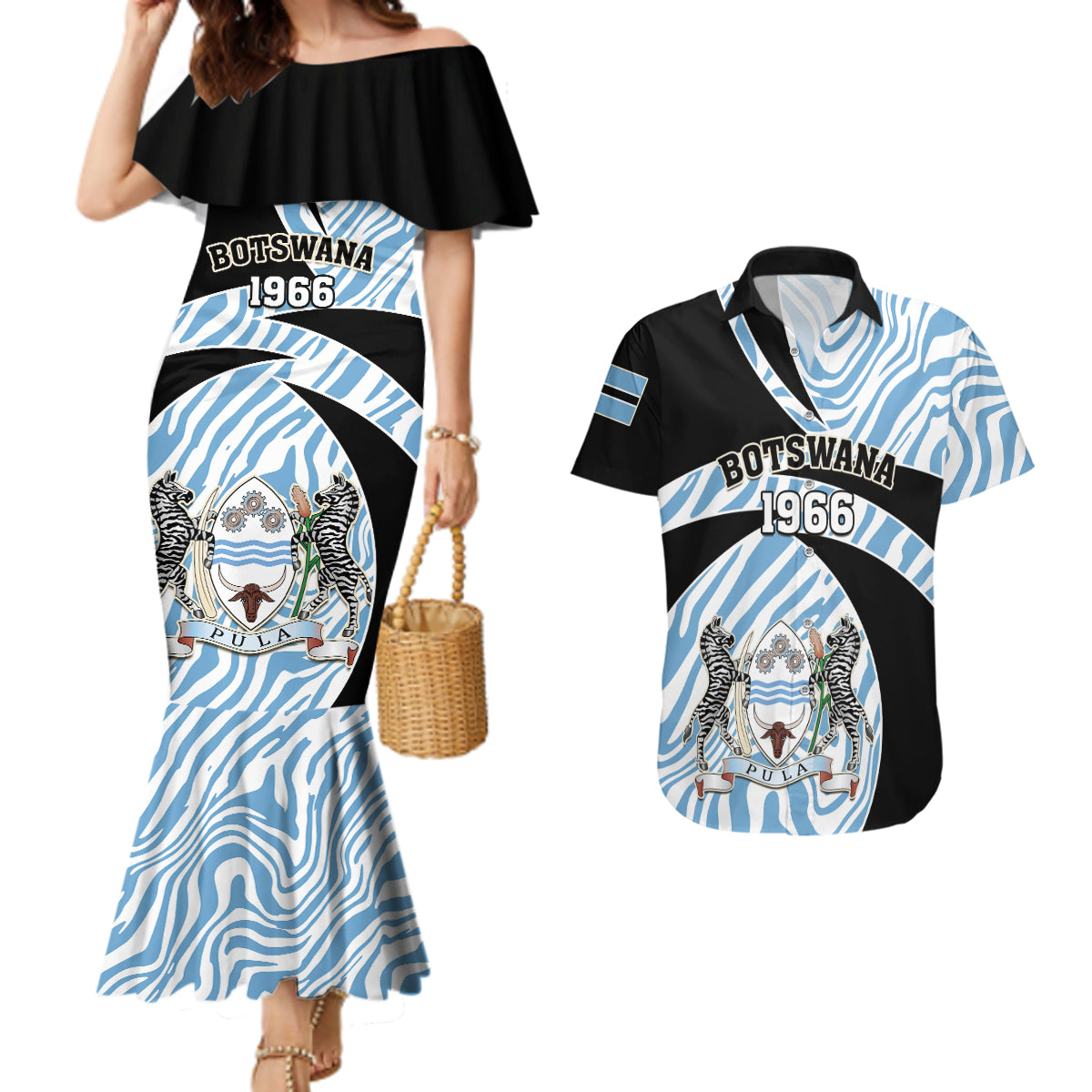 Botswana Independence Day Couples Matching Mermaid Dress and Hawaiian Shirt Lefatshe la Botswana Zebra Pattern - Wonder Print Shop