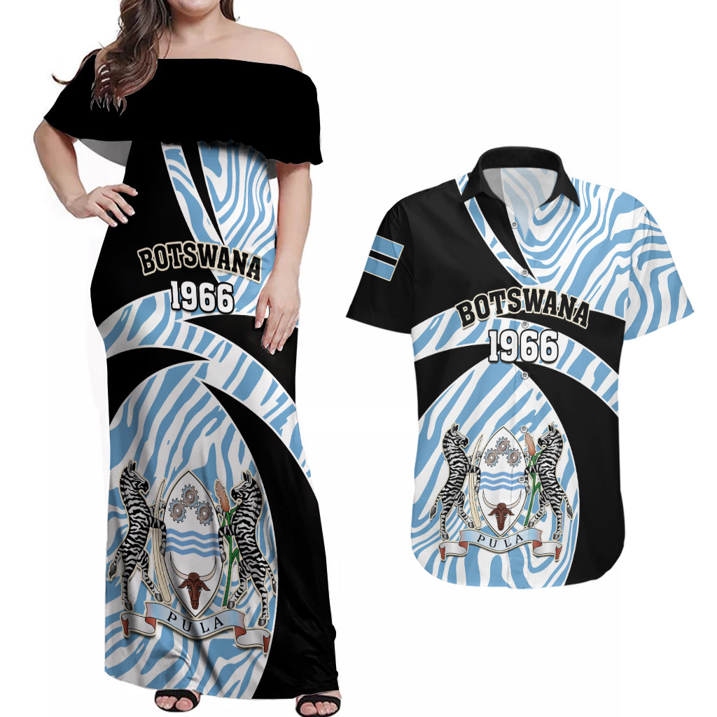 Botswana Independence Day Couples Matching Off Shoulder Maxi Dress and Hawaiian Shirt Lefatshe la Botswana Zebra Pattern - Wonder Print Shop