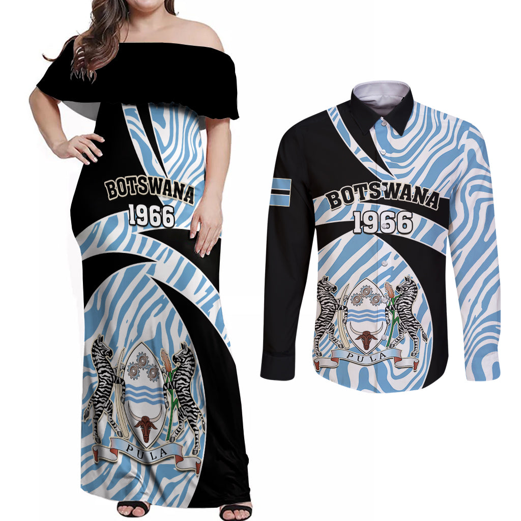 Botswana Independence Day Couples Matching Off Shoulder Maxi Dress and Long Sleeve Button Shirts Lefatshe la Botswana Zebra Pattern - Wonder Print Shop