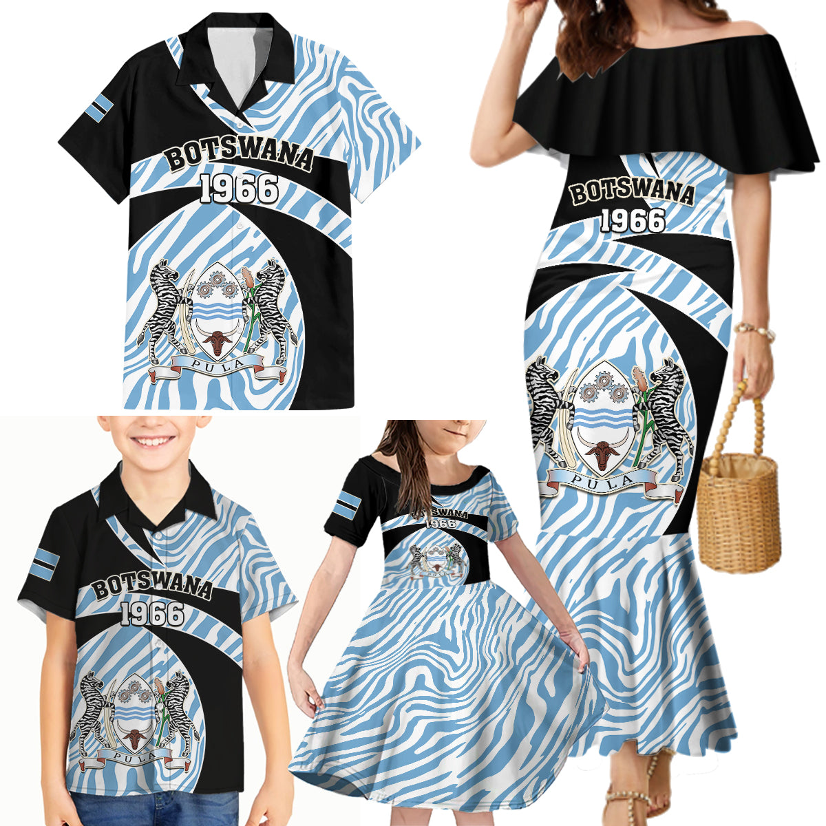 Botswana Independence Day Family Matching Mermaid Dress and Hawaiian Shirt Lefatshe la Botswana Zebra Pattern - Wonder Print Shop