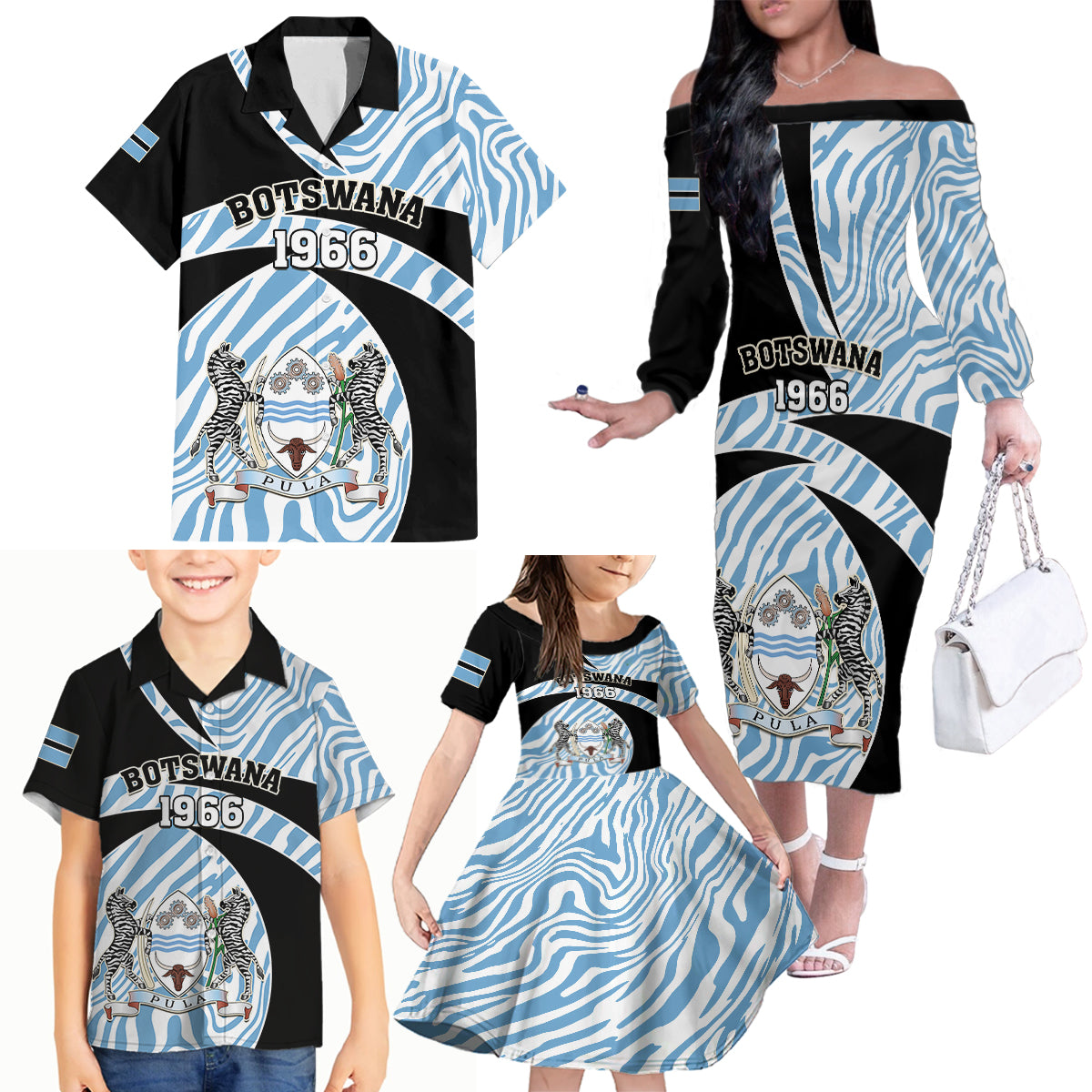 Botswana Independence Day Family Matching Off Shoulder Long Sleeve Dress and Hawaiian Shirt Lefatshe la Botswana Zebra Pattern - Wonder Print Shop