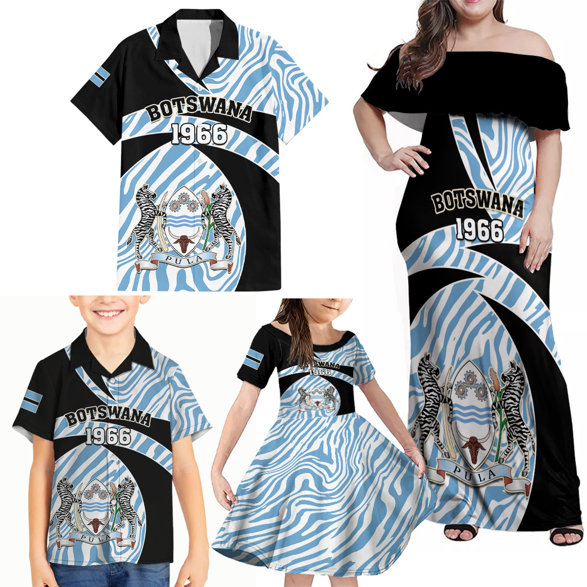 Botswana Independence Day Family Matching Off Shoulder Maxi Dress and Hawaiian Shirt Lefatshe la Botswana Zebra Pattern - Wonder Print Shop