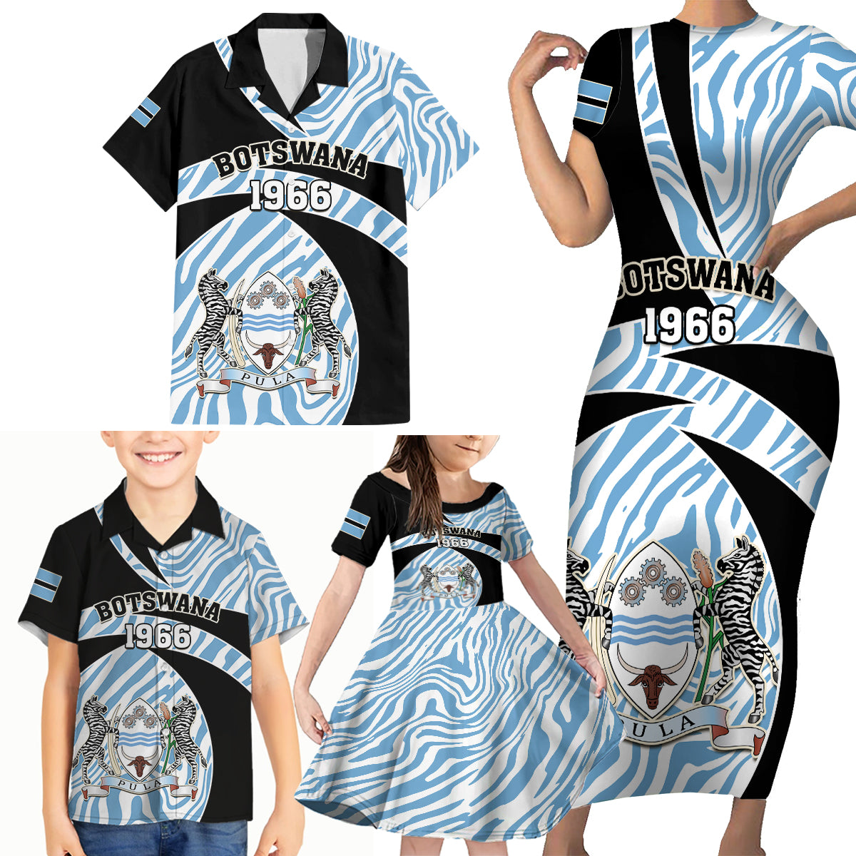 Botswana Independence Day Family Matching Short Sleeve Bodycon Dress and Hawaiian Shirt Lefatshe la Botswana Zebra Pattern - Wonder Print Shop