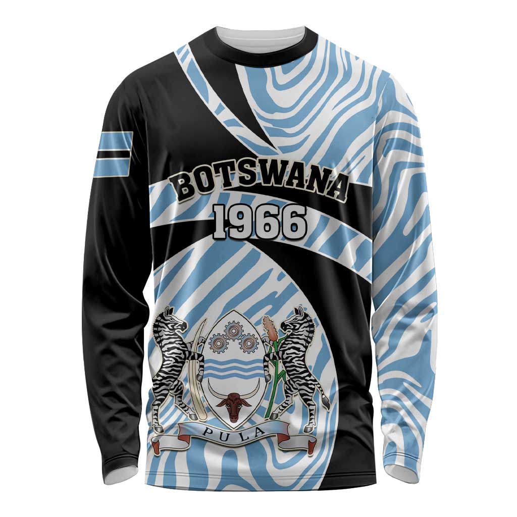 Long-sleeve shirt with black and blue zebra-style swirl graphic, text and emblem