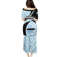 Blue long dress, back view, zebra pattern print, short sleeves, wide neckline
