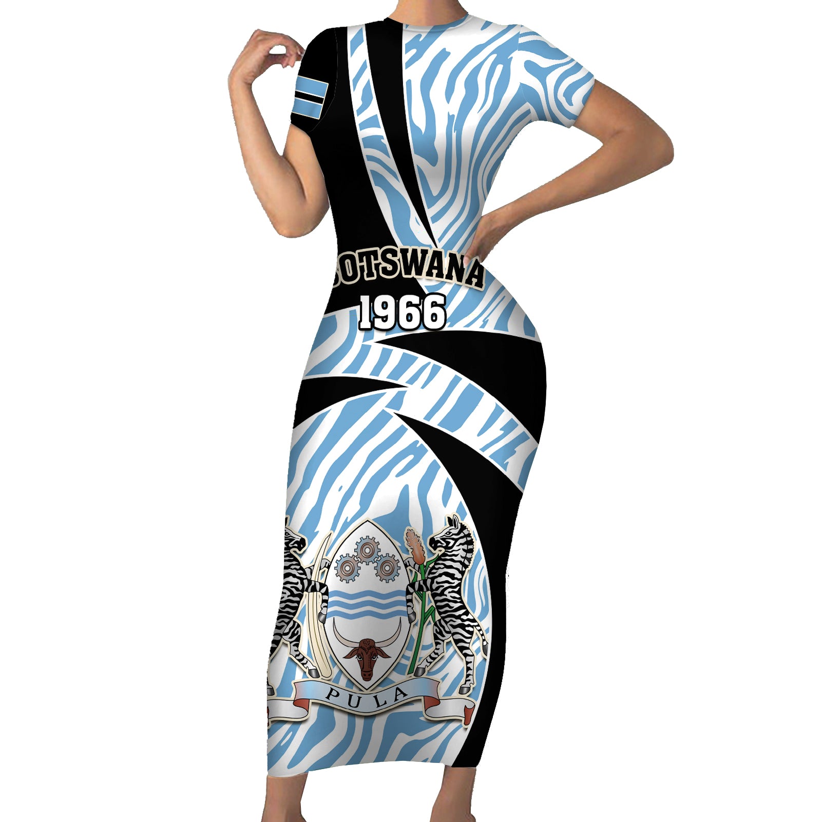 botswana-independence-day-short-sleeve-bodycon-dress-lefatshe-la-botswana-zebra-pattern