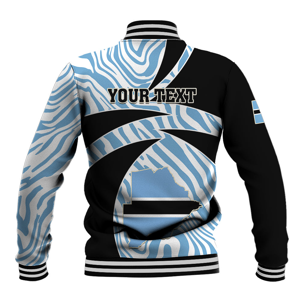 Black & blue back baseball jacket with zebra stripe graphic, 'YOUR TEXT' on back