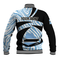 Black & blue back baseball jacket with zebra stripe graphic, 'YOUR TEXT' on back