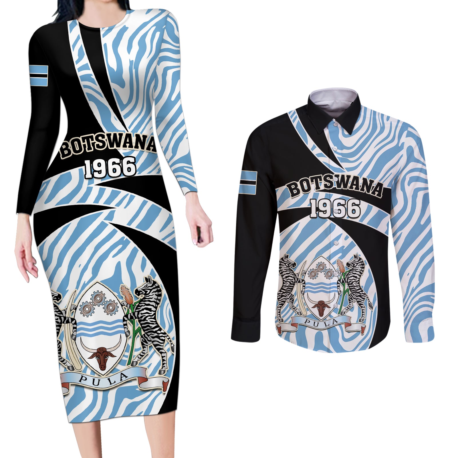 Personalised Botswana Independence Day Couples Matching Long Sleeve Bodycon Dress and Long Sleeve Button Shirts Lefatshe la Botswana Zebra Pattern - Wonder Print Shop