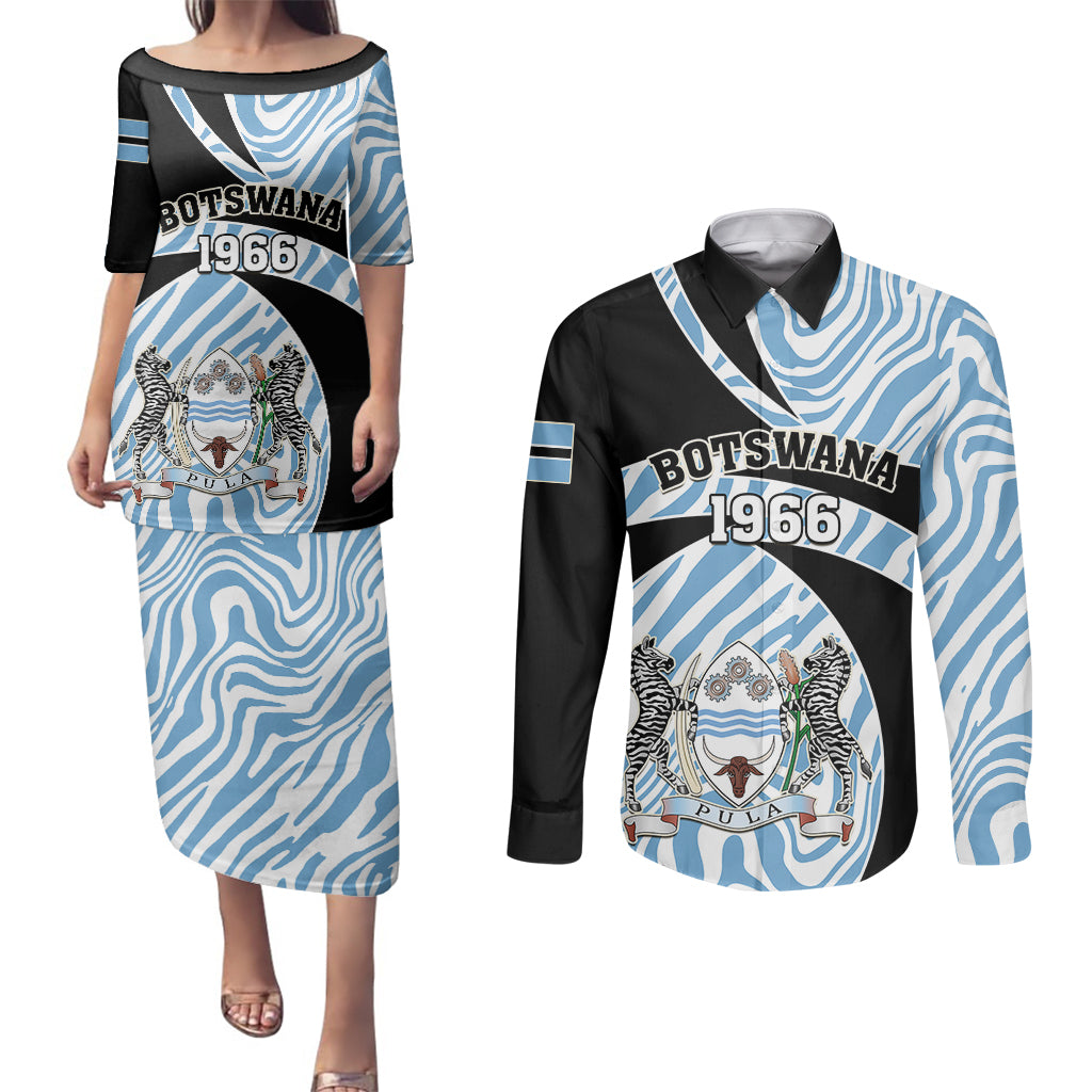 Personalised Botswana Independence Day Couples Matching Puletasi Dress and Long Sleeve Button Shirts Lefatshe la Botswana Zebra Pattern - Wonder Print Shop