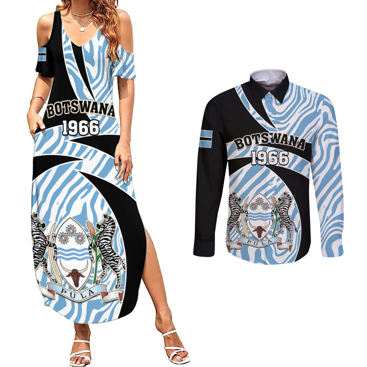 Personalised Botswana Independence Day Couples Matching Summer Maxi Dress and Long Sleeve Button Shirts Lefatshe la Botswana Zebra Pattern - Wonder Print Shop