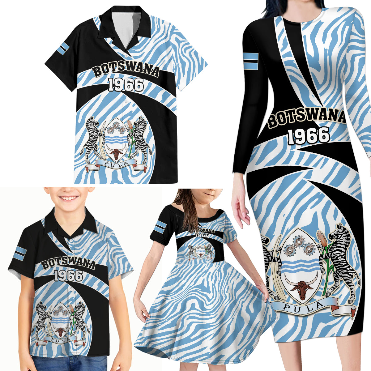 Personalised Botswana Independence Day Family Matching Long Sleeve Bodycon Dress and Hawaiian Shirt Lefatshe la Botswana Zebra Pattern - Wonder Print Shop